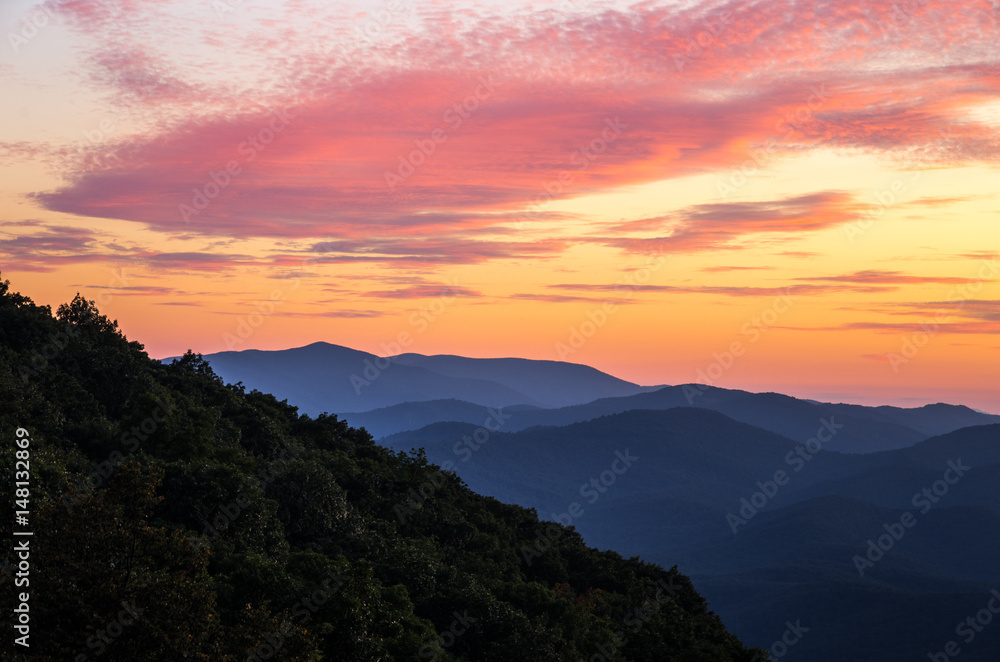 Sunset over the blue ridge mountains