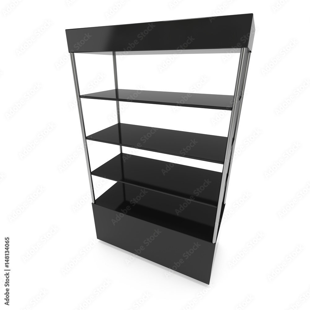 Empty showcase with glass shelves for exhibit. 3D render illustration isolated on white background. Trade show booth black pedestal for expo design. Empty showcase with glass shelves for exhibit. 3D render illustration isolated on white background. Trade show booth black pedestal for expo design.