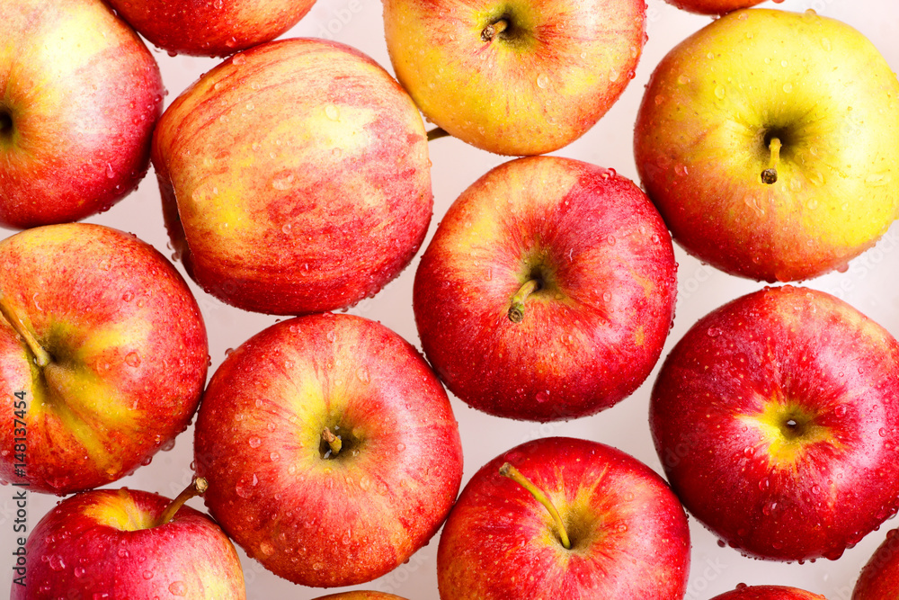 many red apples, fresh fruit background with vitamin in market