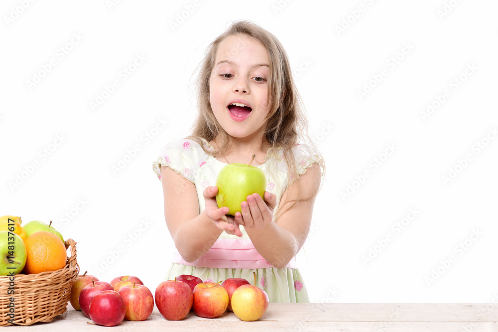 child, cute baby happy girl with colorful fruits in basket child, cute baby happy girl with colorful fruits in basket
