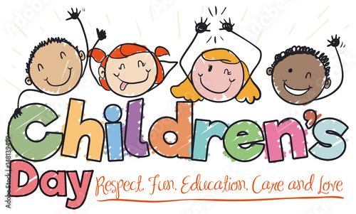 Drawing with Happy Multicultural Kids Commemorating Children's Day, Vector Illustration