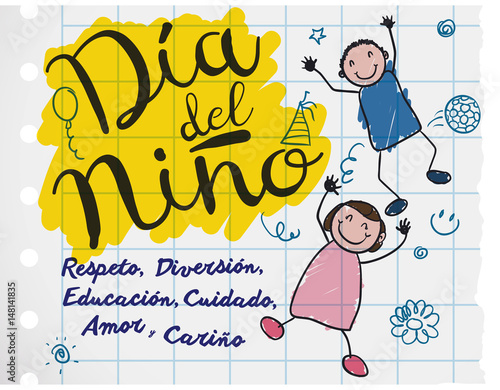 Kids in Doodle Style and Spanish Message for Children's Day, Vector Illustration