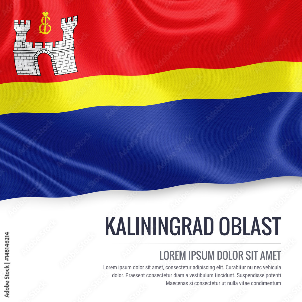 Fototapeta premium Russian state Kaliningrad Oblast flag waving on an isolated white background. State name and the text area for your message. 3D illustration.