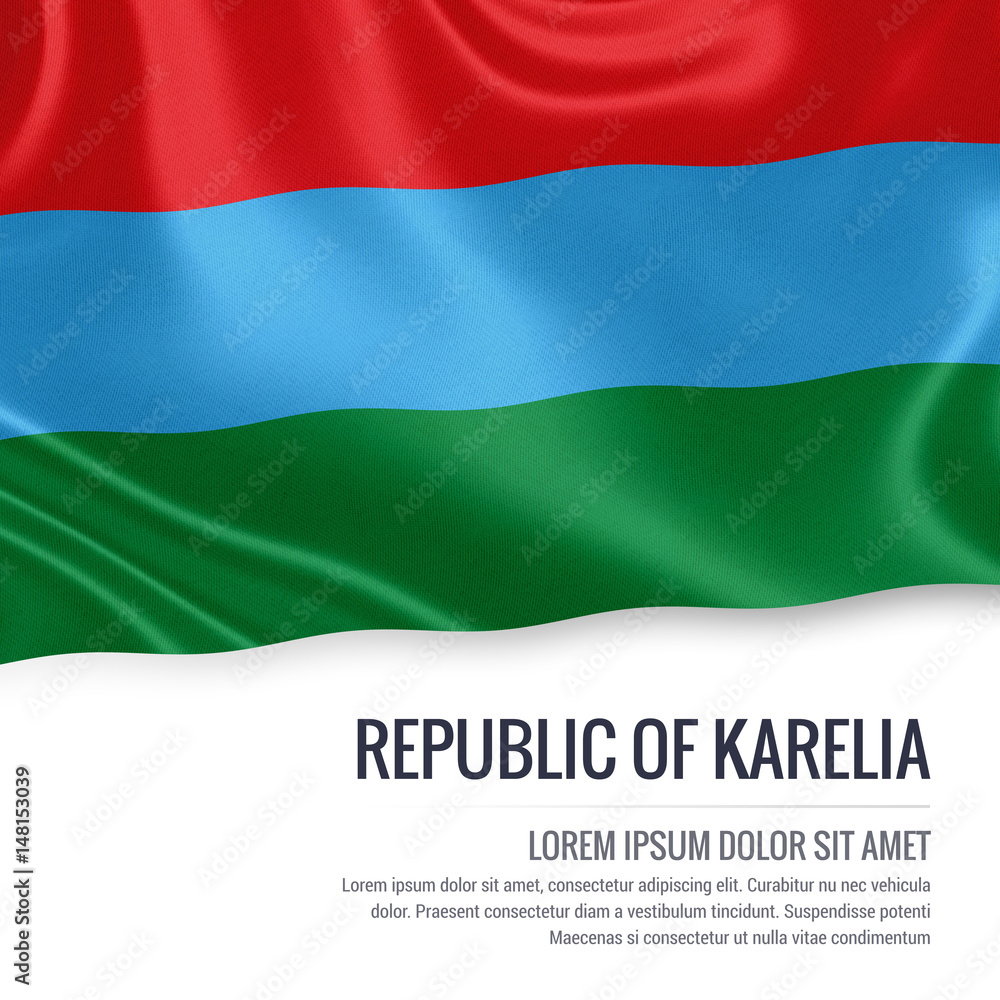 Russian state Republic of Karelia flag waving on an isolated white background. State name and the text area for your message. 3D illustration.