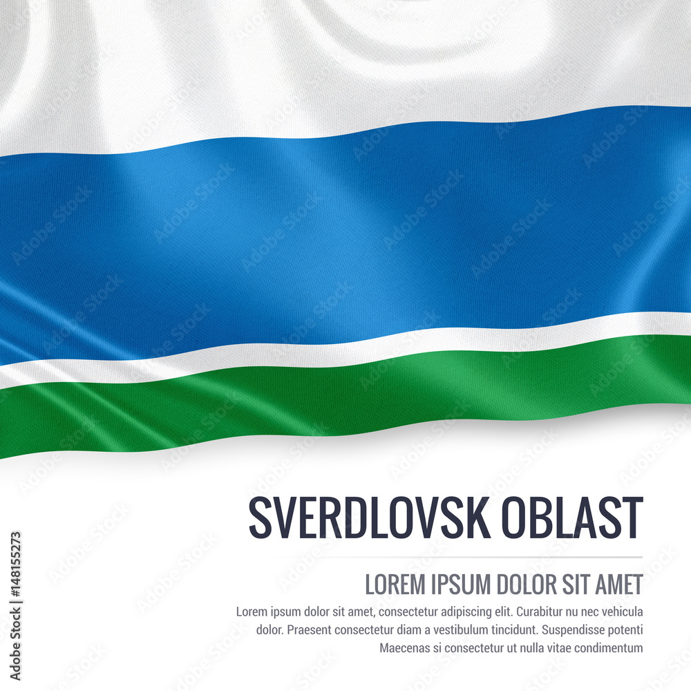 Russian state Sverdlovsk Oblast flag waving on an isolated white background. State name and the text area for your message. 3D illustration. Russian state Sverdlovsk Oblast flag waving on an isolated white background. State name and the text area for your message. 3D illustration.