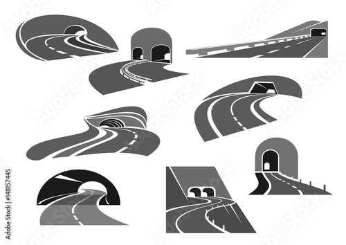 Road tunnel icon set with highway and freeway