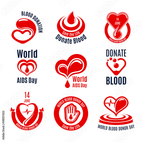 Blood donation icon with red heart, drop and hand
