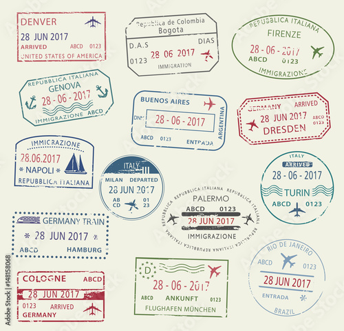 Visa passport stamp symbol set for travel design