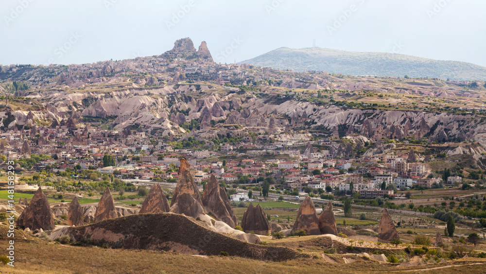 Wonderful landscape of Cappadocia in Turkey, near Goreme. Uchisar on view.