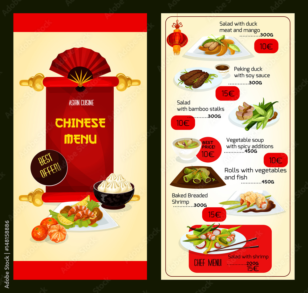 Chinese restaurant menu with asian cuisine dishes Chinese restaurant menu with asian cuisine dishes