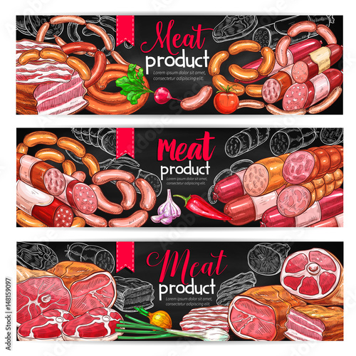 Meat and sausage menu blackboard banner set
