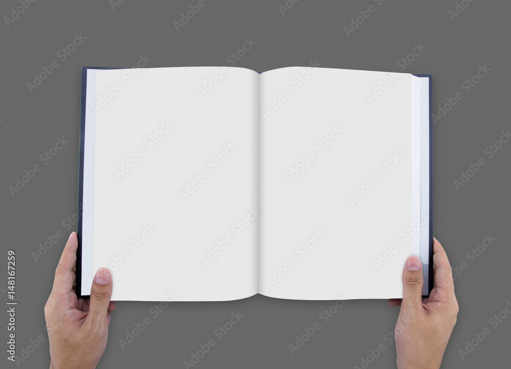 Hand Opening White Journal with Blank Pages Mockup. Stock Image