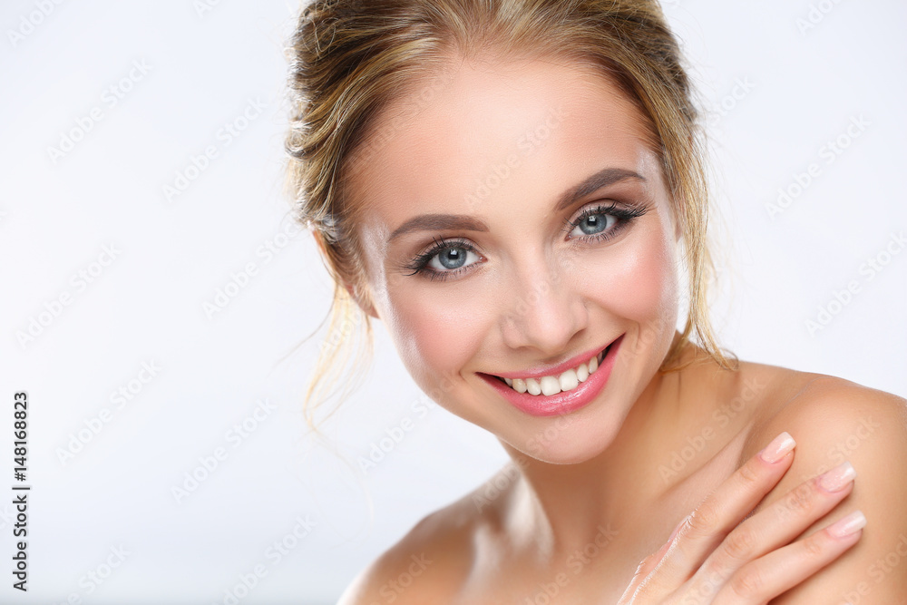 Portrait of beautiful woman on white background