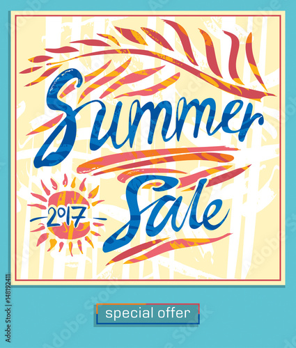 Stylish poster Summer Sale. Hand drawn design of an inscription, a banner or a card for stimulation of sales. Vector  calligraphy design.