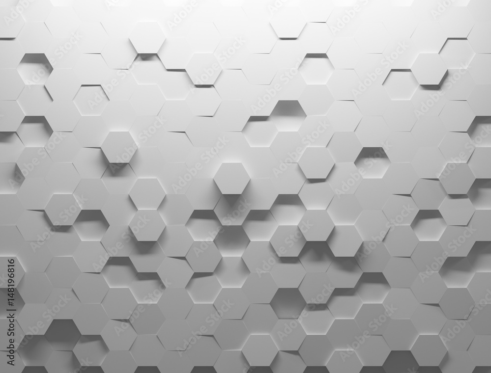 White shaded abstract geometric texture. Origami paper style. Hexagonal elements. 3D rendering background. - obrazy, fototapety, plakaty 