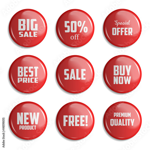 Set of glossy sale buttons or badges. Product promotions. Big sale, special offer, 50% off. Vector illustration