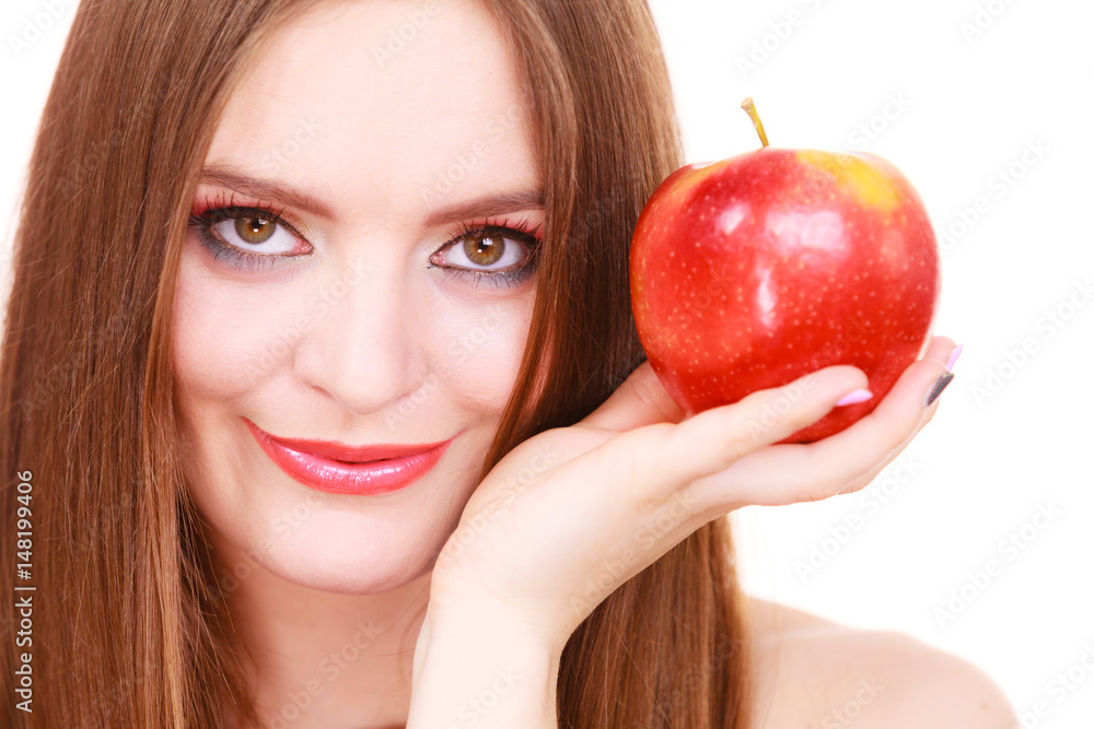 Woman charming girl colorful makeup holds apple fruit Woman charming girl colorful makeup holds apple fruit