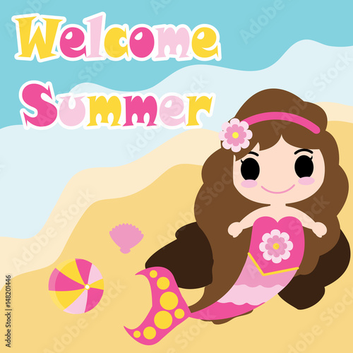 Cute mermaid girl is lying on the beach vector cartoon, summer postcard, wallpaper, and greeting card, T-shirt design for kids