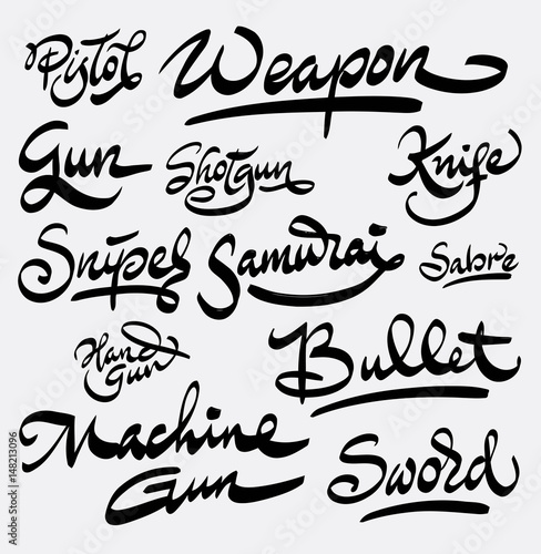 Weapon and bullet hand written typography. Good use for logotype, symbol, cover label, product, brand, poster title or any graphic design you want. Easy to use or change color
