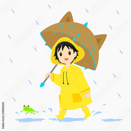 A little boy wearing yellow raincoat and holding an umbrella walking under the rain, with a jumping frog in front of him