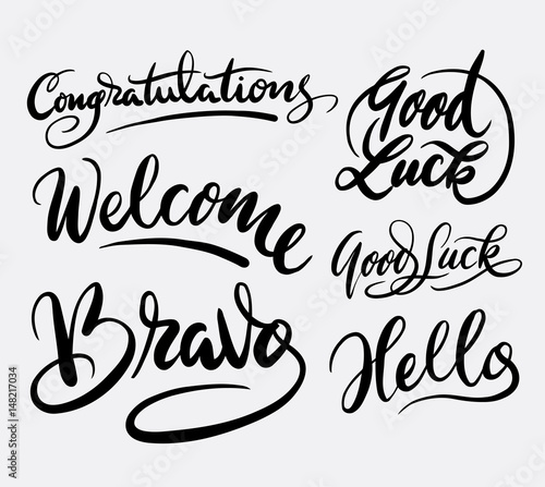 Congratulations and bravo hand written typography. Good use for logotype, symbol, cover label, product, brand, poster title or any graphic design you want. Easy to use or change color
