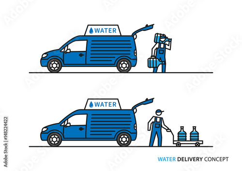 Water delivery vector illustration. Workers with potable water bottles and car graphic design.