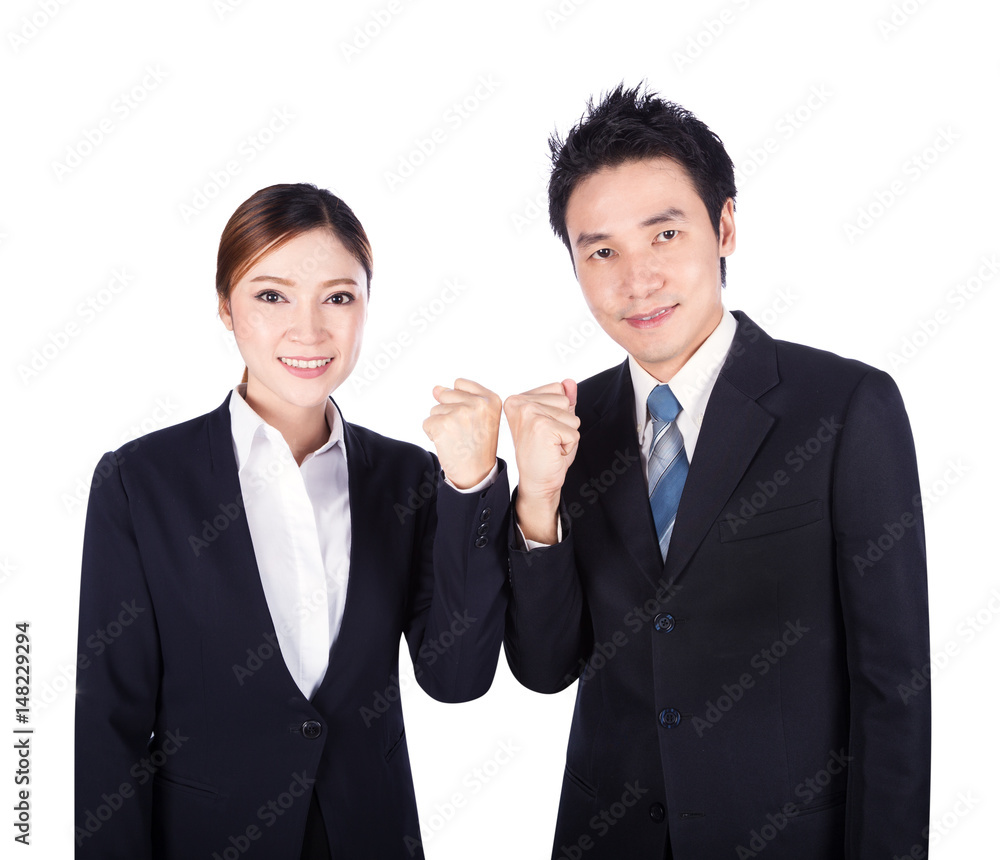 Successful business man and woman with arm raised isolated on white Successful business man and woman with arm raised isolated on white