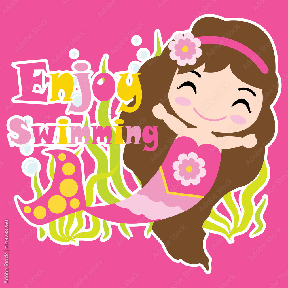 Cute mermaid girl is swimming on pink background vector cartoon, summer postcard, wallpaper, and greeting card, T-shirt design for kids Cute mermaid girl is swimming on pink background vector cartoon, summer postcard, wallpaper, and greeting card, T-shirt design for kids