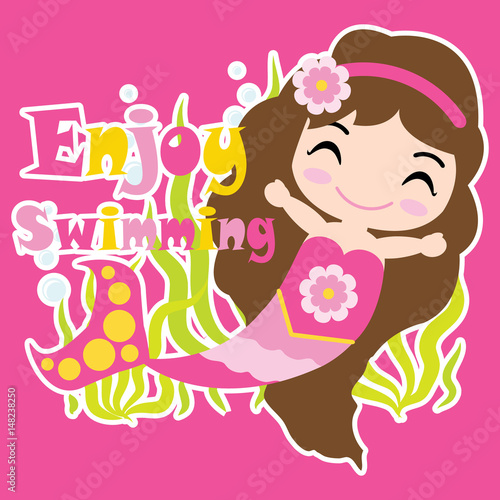 Cute mermaid girl is swimming on pink background vector cartoon, summer postcard, wallpaper, and greeting card, T-shirt design for kids