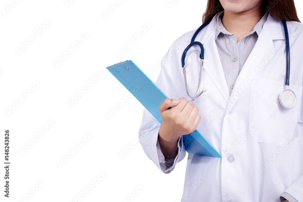 Young Asian doctor with doctor gown uniform with stethoscope holding a clipboard . Beautiful Asia female model in her 20s. Isolate on white background. Clipping path with copy space, anonymous face Young Asian doctor with doctor gown uniform with stethoscope holding a clipboard . Beautiful Asia female model in her 20s. Isolate on white background. Clipping path with copy space, anonymous face