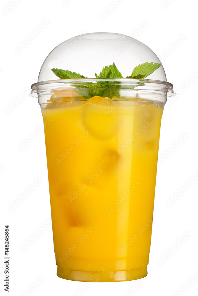 Take-away drink. Refreshing drink in a plastic cup. Pineapple