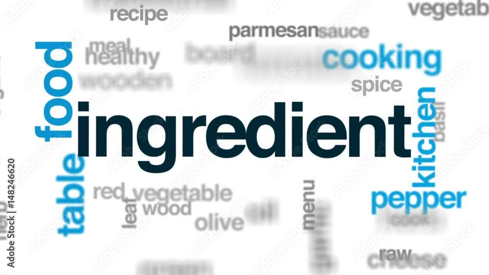 Ingredient animated word cloud, text design animation.