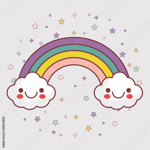 kawaii clouds and rainbow icon over  white background. colorful design. vector illustration