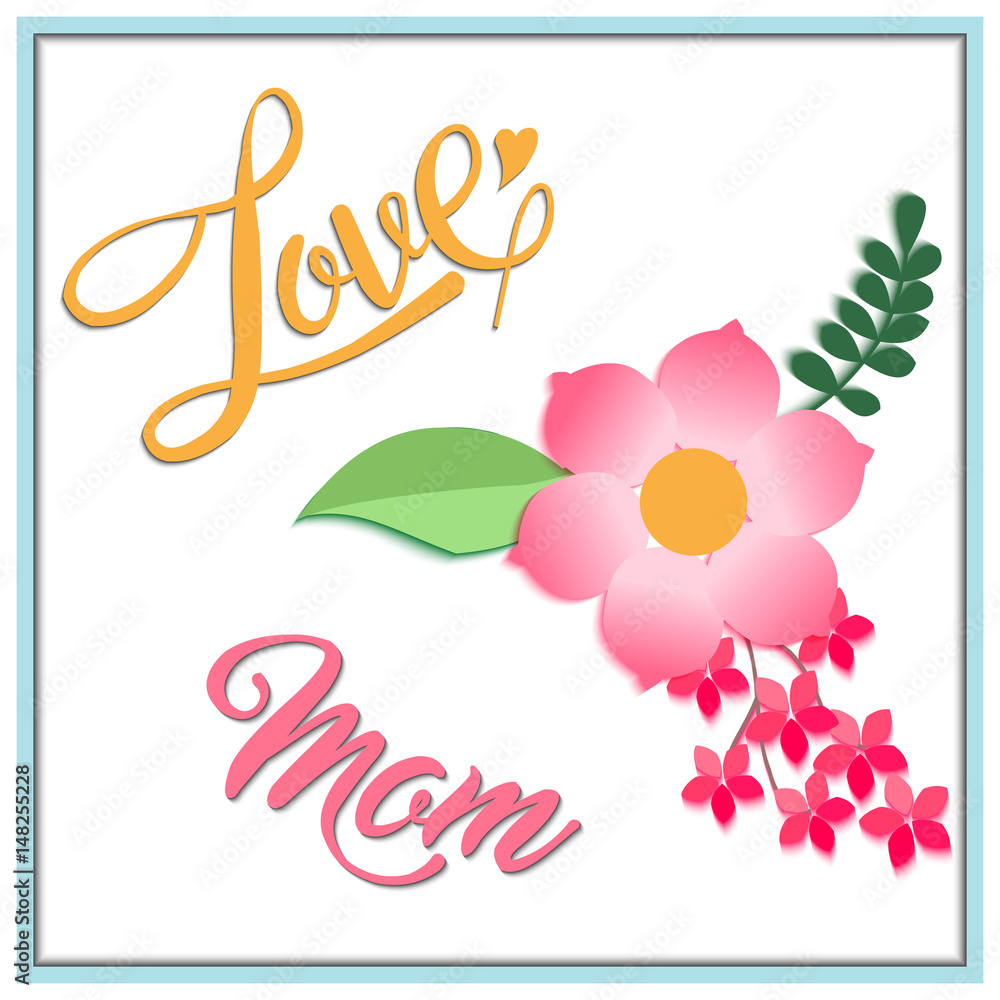 Obraz premium Mother's day greeting card, lettering happy mother's day with love, beautiful flowers on white background, vector illustration