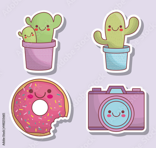 kawaii cactus, camera and donut icon over purple background. colorful design. vector illustration