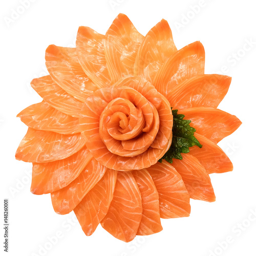 Top view of salmon sashimi serve on flower shape isolated on white background with working path.