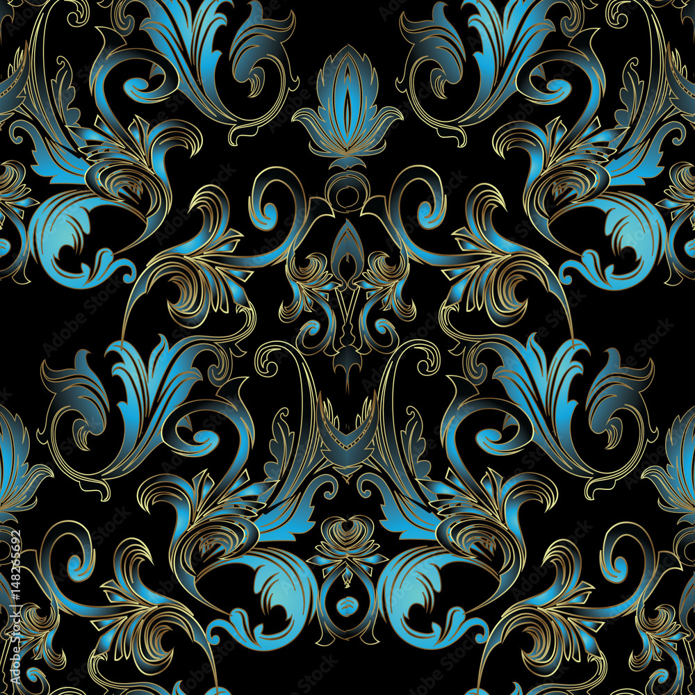 Baroque damask floral seamless pattern. Black vector background wallpaper  illustration with vintage blue flowers, scroll swirl leaves and antique  ornaments in Victorian style. Stock Vector | Adobe Stock