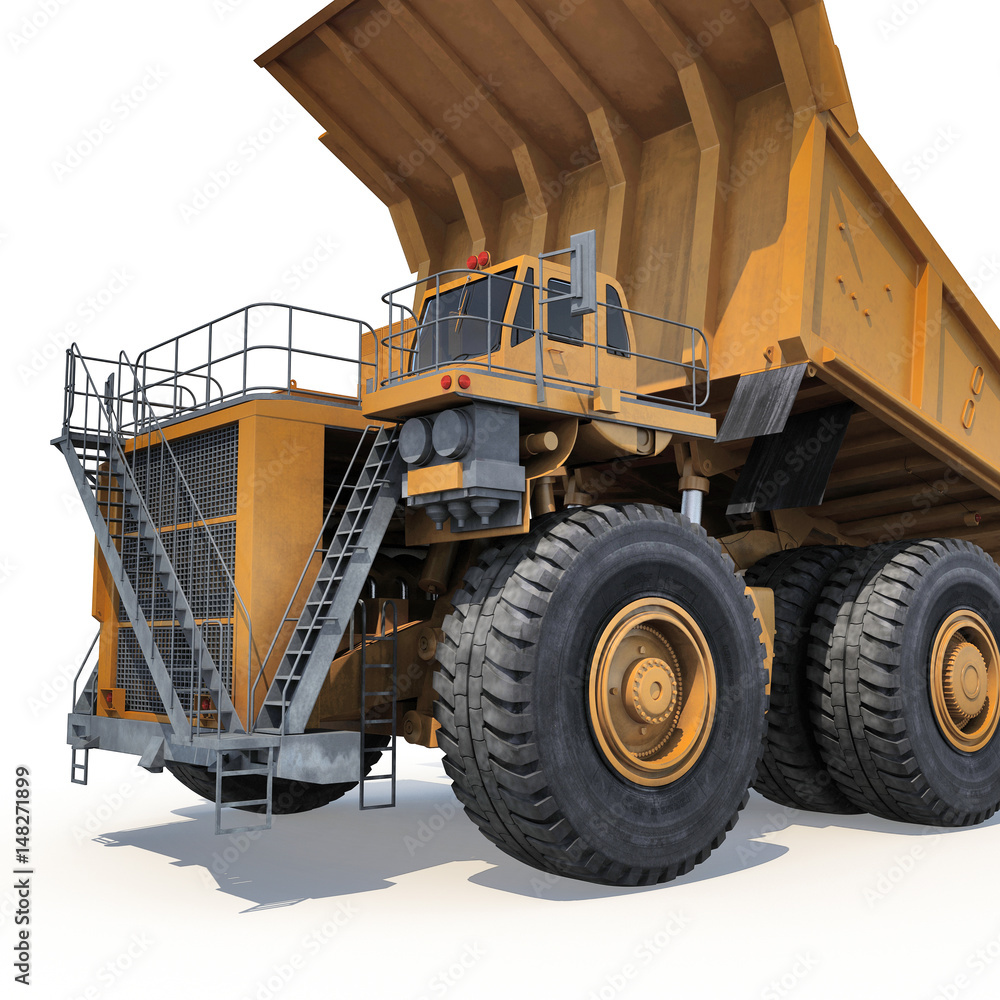 Very big yellow dump-body truck on white. 3D illustration