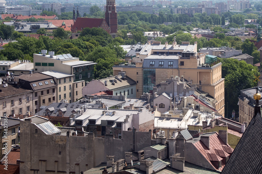 Aerial view of the roofs of houses in the northeastern historic part of Krakow. Poland. View from St Mary's Cathedral.