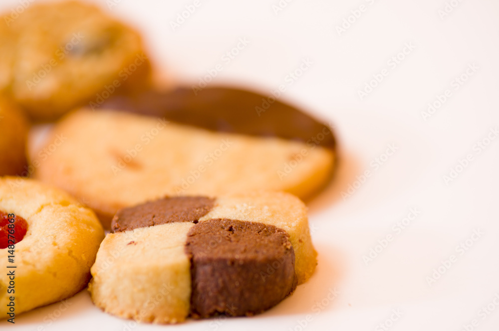 Closeup of Freshly baked cookies on white background