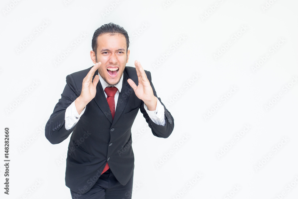 Businessman shout for work, isoalted on white background and copy space for use, 20s age Businessman shout for work, isoalted on white background and copy space for use, 20s age