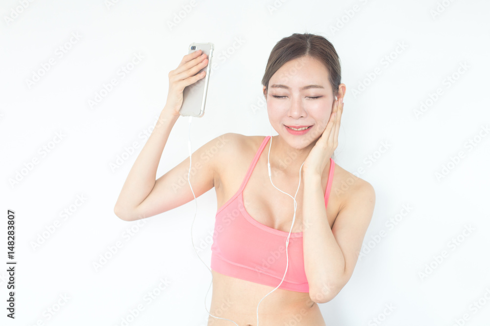 Korean woman fashion set sweet pink sexy girl, sport woman concept., isolated with pink background, 20-30 year old. Korean woman fashion set sweet pink sexy girl, sport woman concept., isolated with pink background, 20-30 year old.