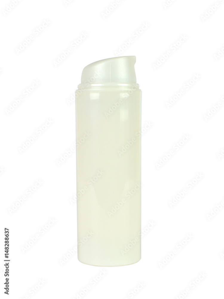 Plastic dispenser for a skin care lotion, with a pump on the top, without any label on a white background Plastic dispenser for a skin care lotion, with a pump on the top, without any label on a white background