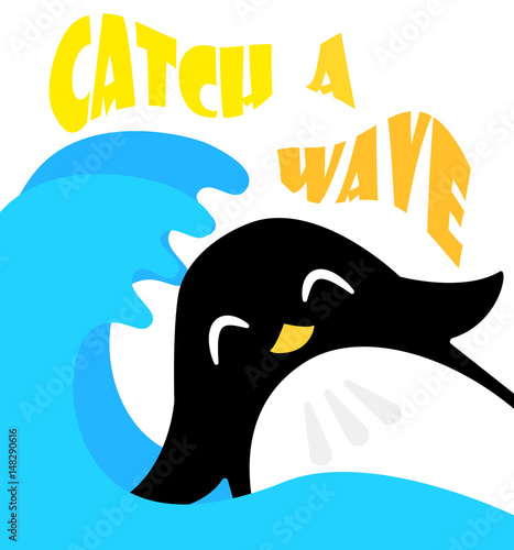 Funny cartoon penguin on the waves. Flat style. Catch a wave. Vector illustration.