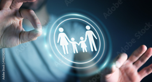 Businessman holding family interface in his hand 3D rendering