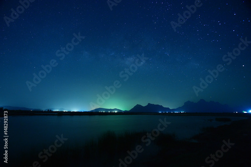 night sky stars with milky way on mountain background.