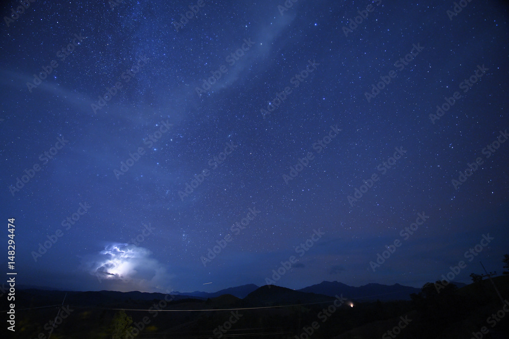 night sky stars with milky way on mountain background.