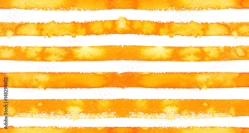 Seamless pattern with horizontal bright yellow watercolor stripes painted in watercolor on white isolated background photo