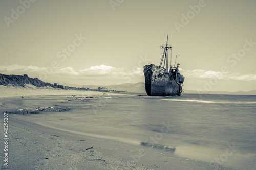 Long exposure in black and white shot of the stunning shipwreck of Agios Dimitrios in Gythio. Greece Peloponnese