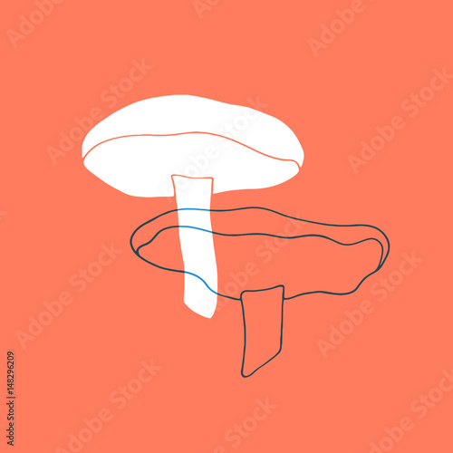 Hand drawn vector cartoon mushroom silhouette and line art